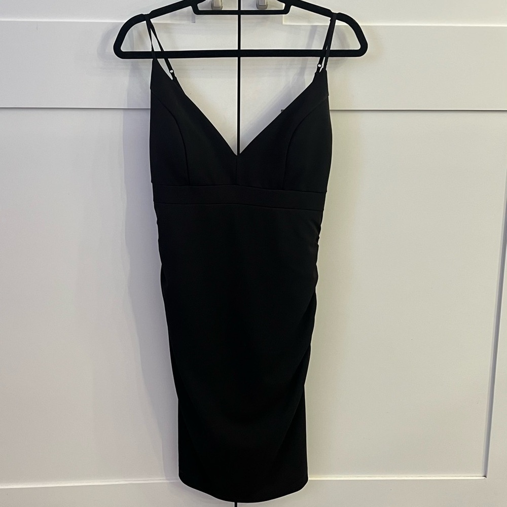 V-Neck Ruched Crepe Sheath Black Mini Dress